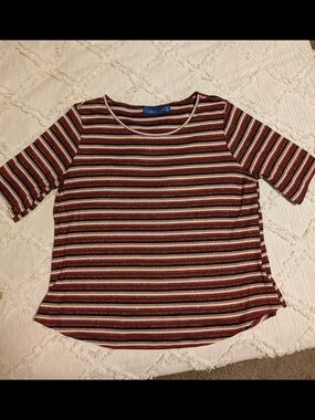 Apt. 9 Striped Metallic Maroon, Cream & Black Short Sleeve Top